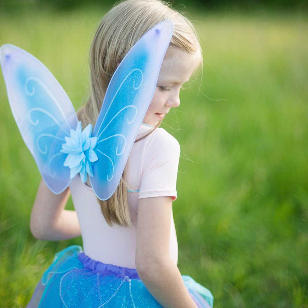 Click to view product details and reviews for Kids Glitter Blue Skirt Wings And Wand Set.