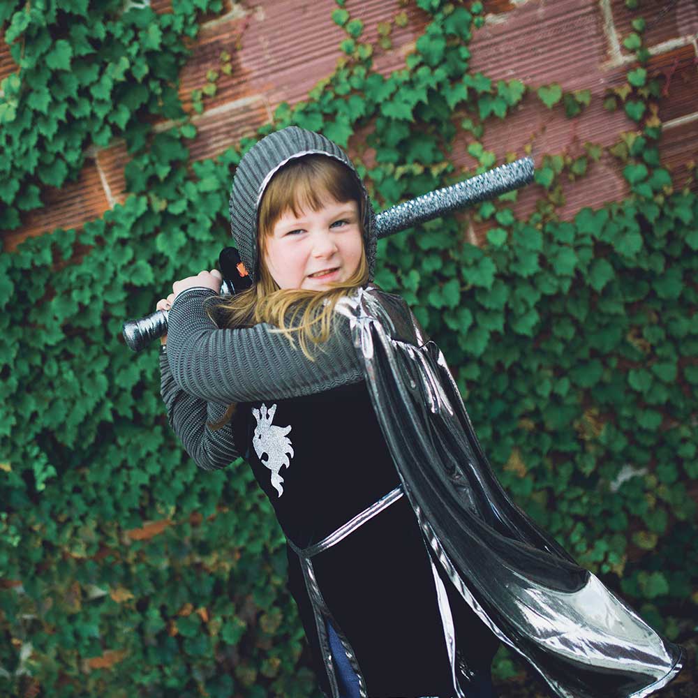 Click to view product details and reviews for Kids Knight Tunic With Cape And Crown Set Silver.