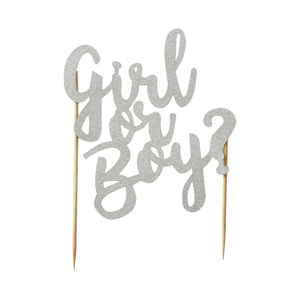 Girl Or Boy Silver Glitter Cake Topper