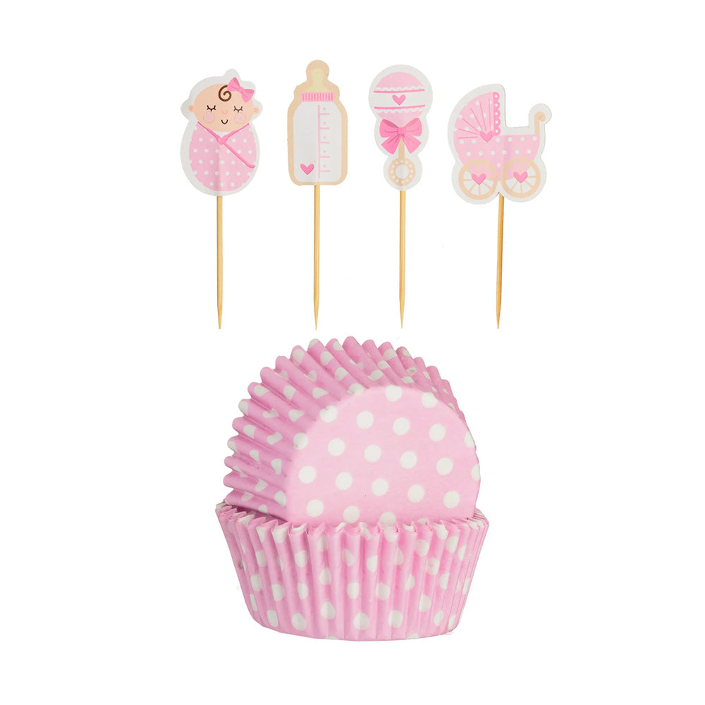 Baby Girl Cupcake Cases With Toppers X24
