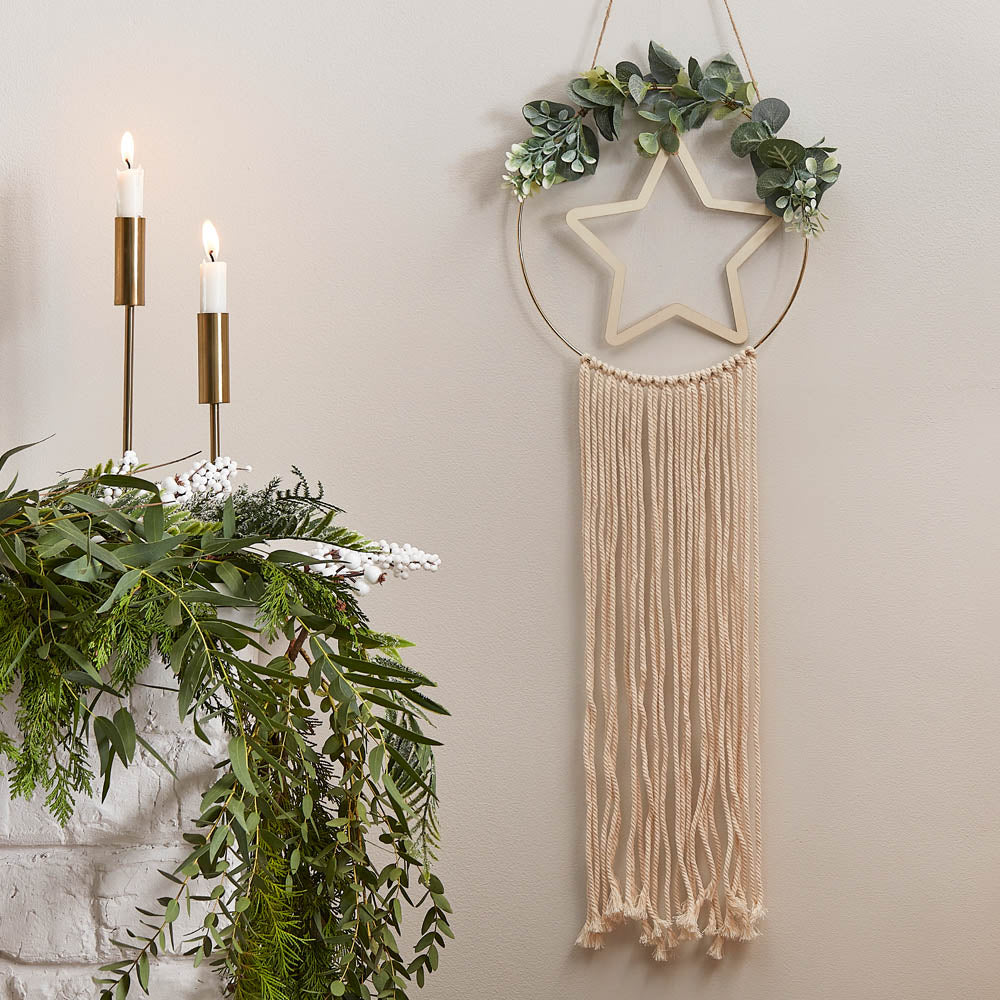 Click to view product details and reviews for Wooden Hoop Star Wreath With Macrame Hanging Detail.