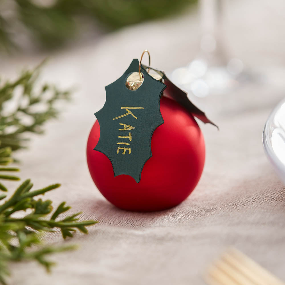 Place Card Baubles With Holly Leaves X6