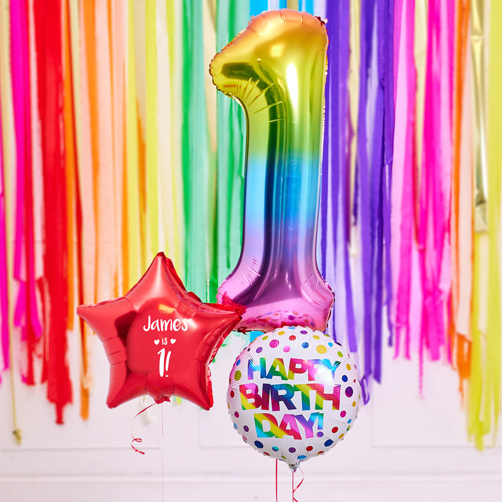 1st Birthday Inflated Balloon Bunch – Rainbow