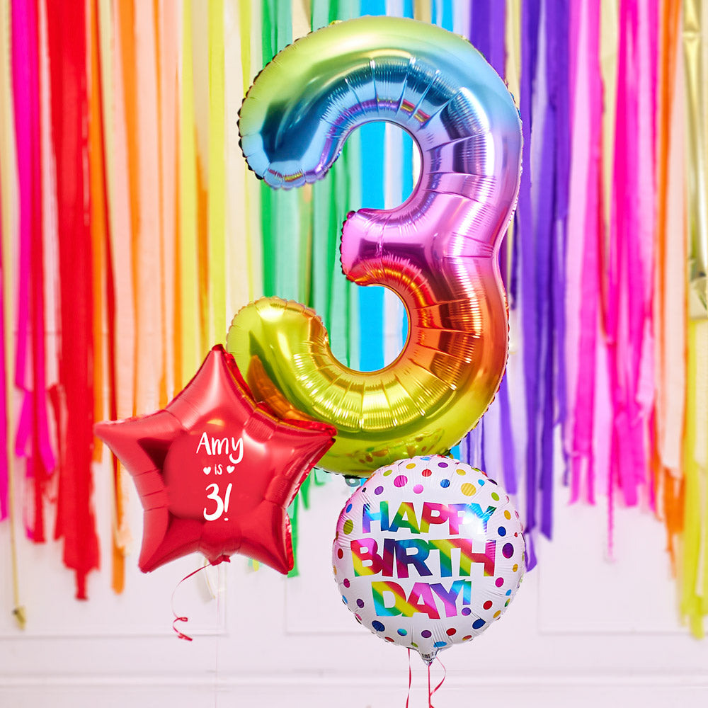 3rd Birthday Inflated Balloon Bunch – Rainbow