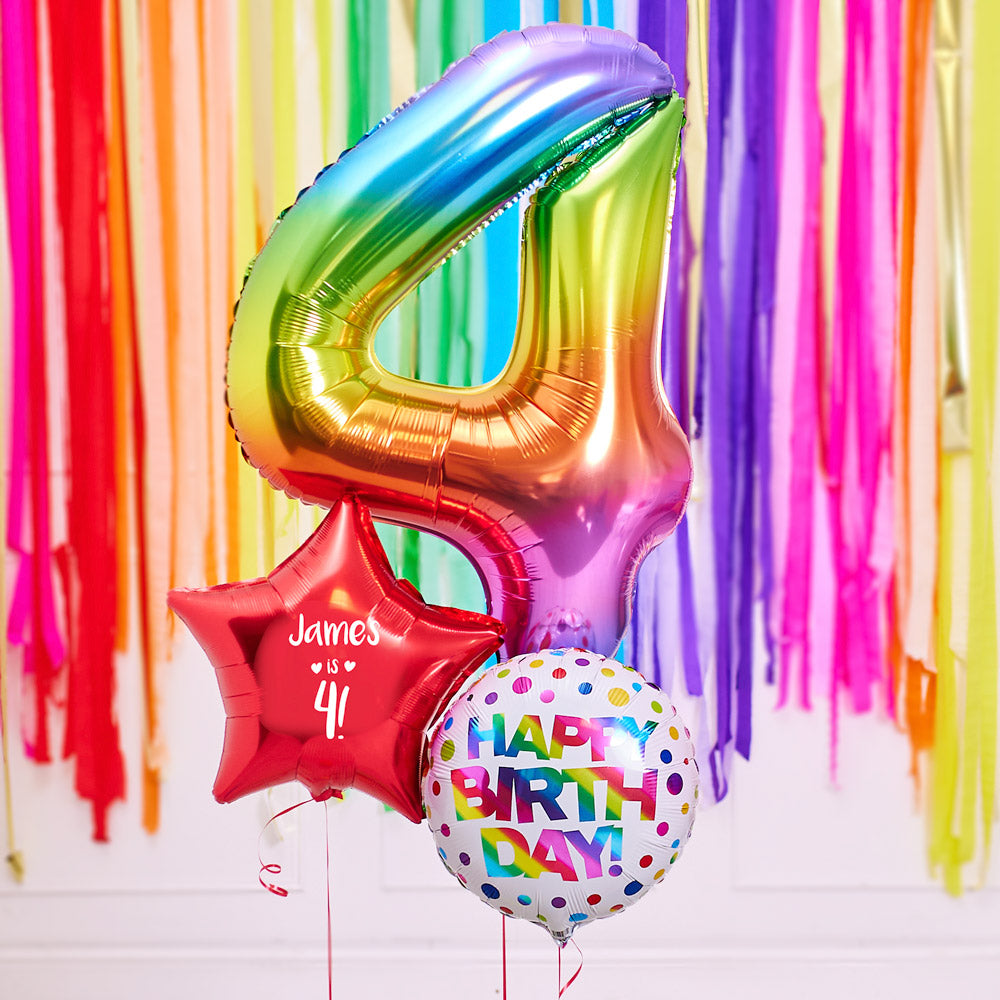 4th Birthday Inflated Balloon Bunch – Rainbow