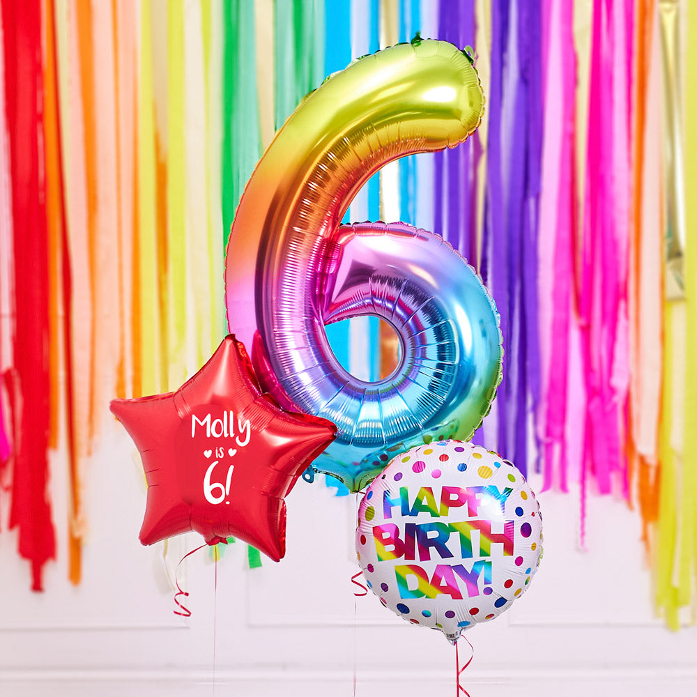 6th Birthday Inflated Balloon Bunch – Rainbow