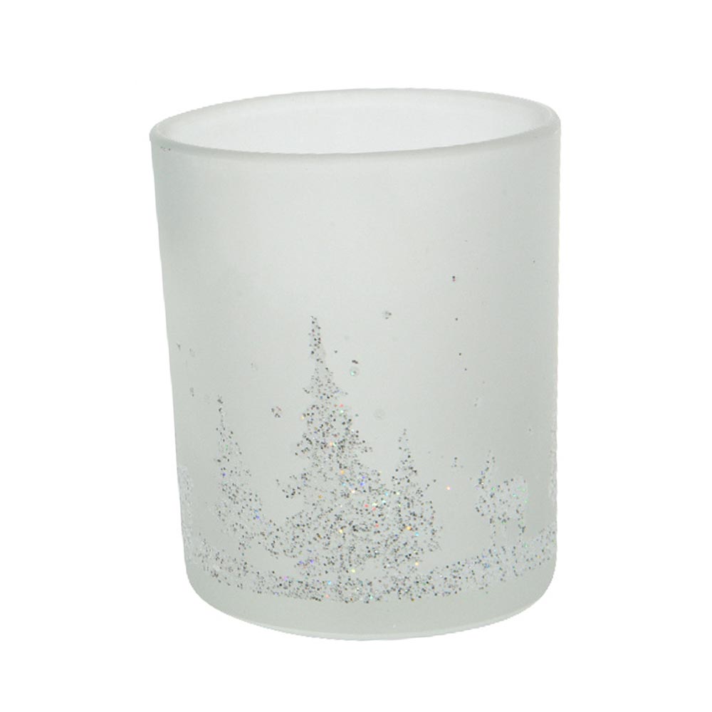 Glass Tea Light Holder With Glitter Scenery White