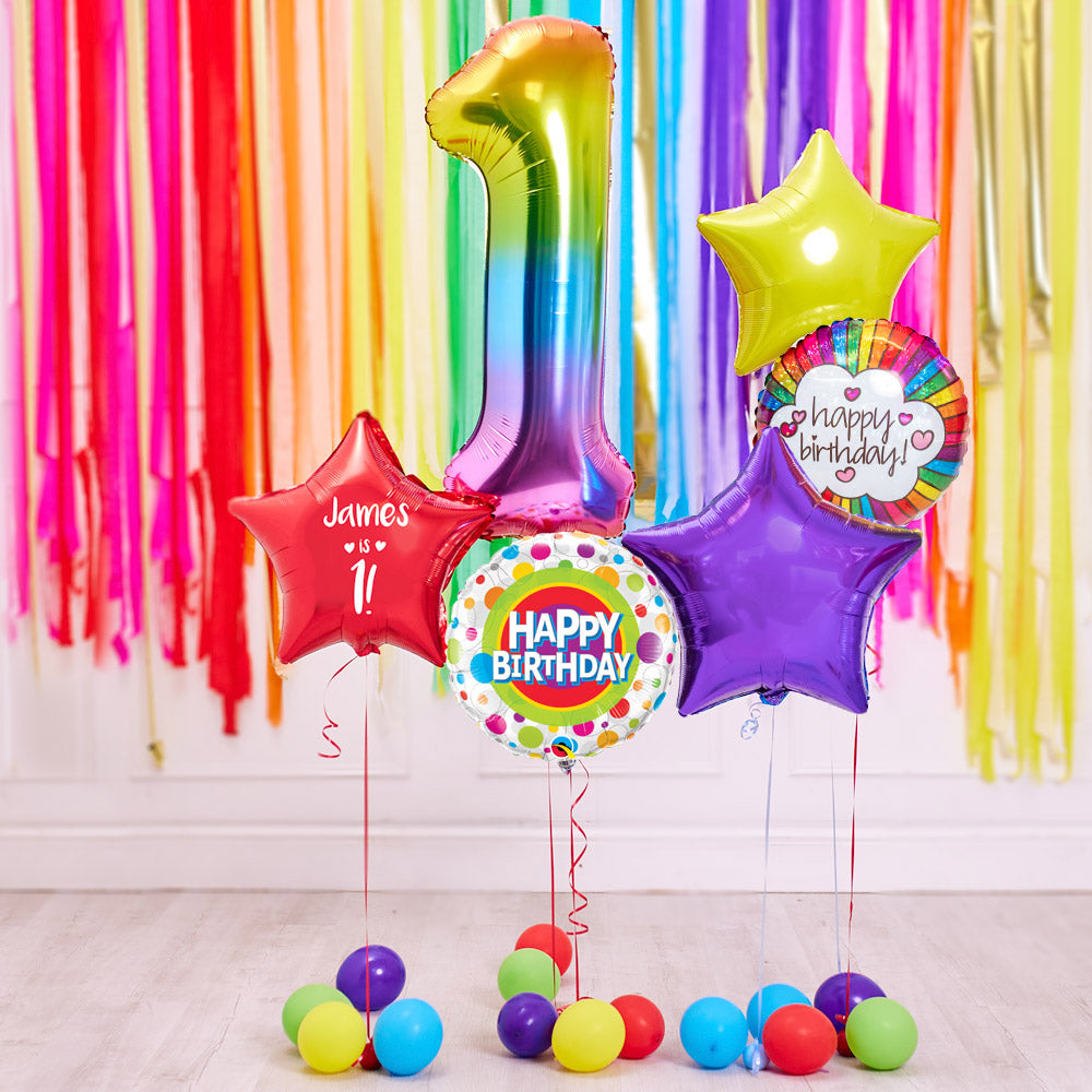 Deluxe Personalised Balloon Bunch 1st Birthday Rainbow