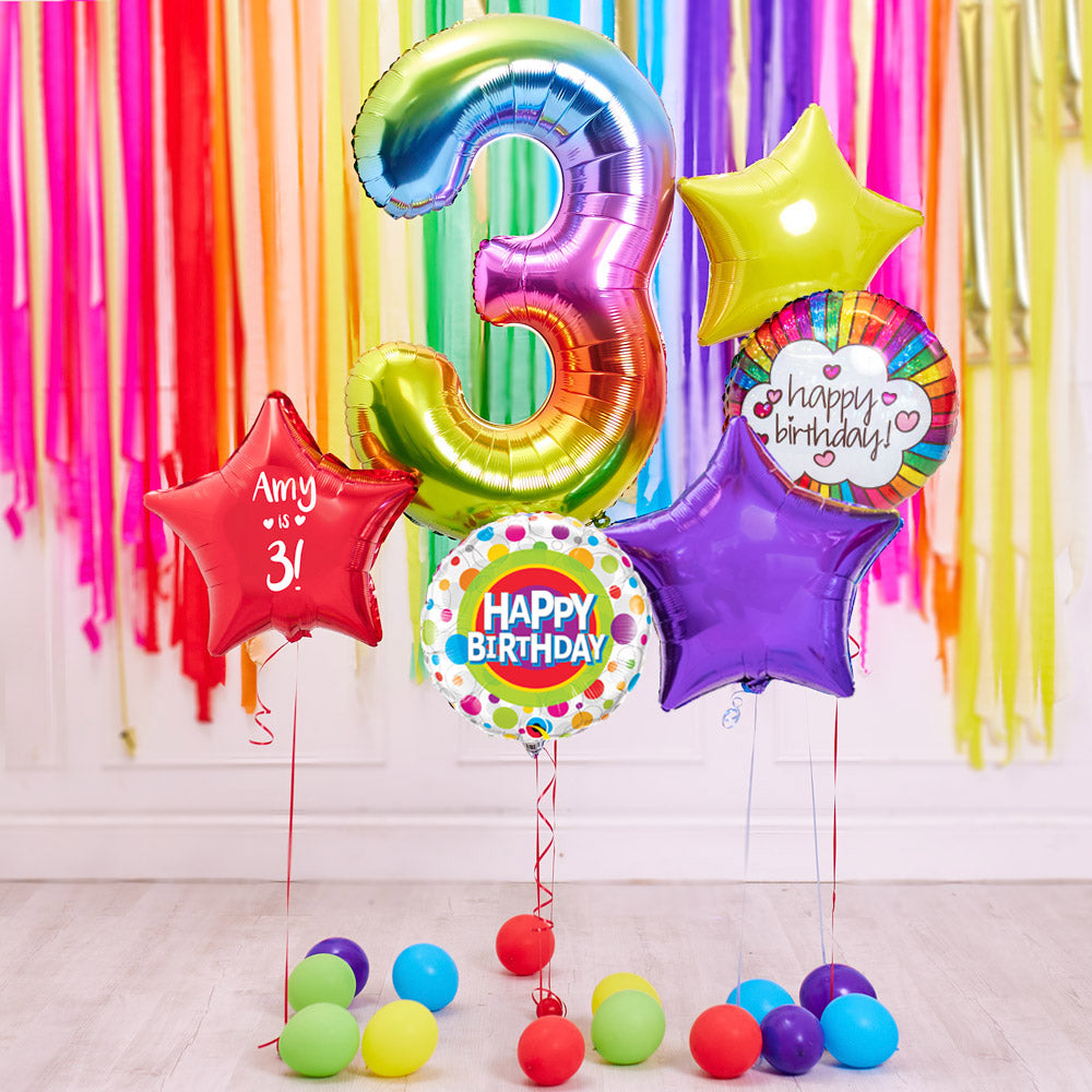 Deluxe Personalised Balloon Bunch 3rd Birthday Rainbow