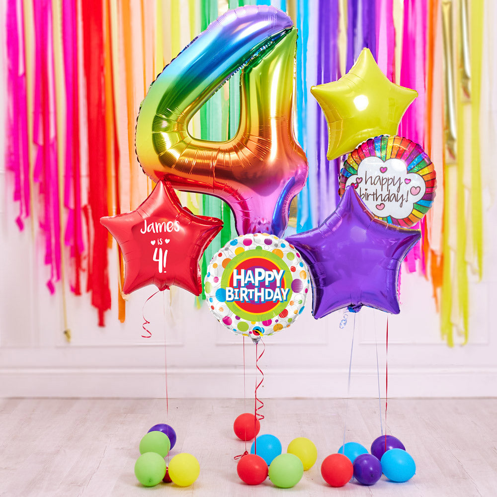 Deluxe Personalised Balloon Bunch 4th Birthday Rainbow