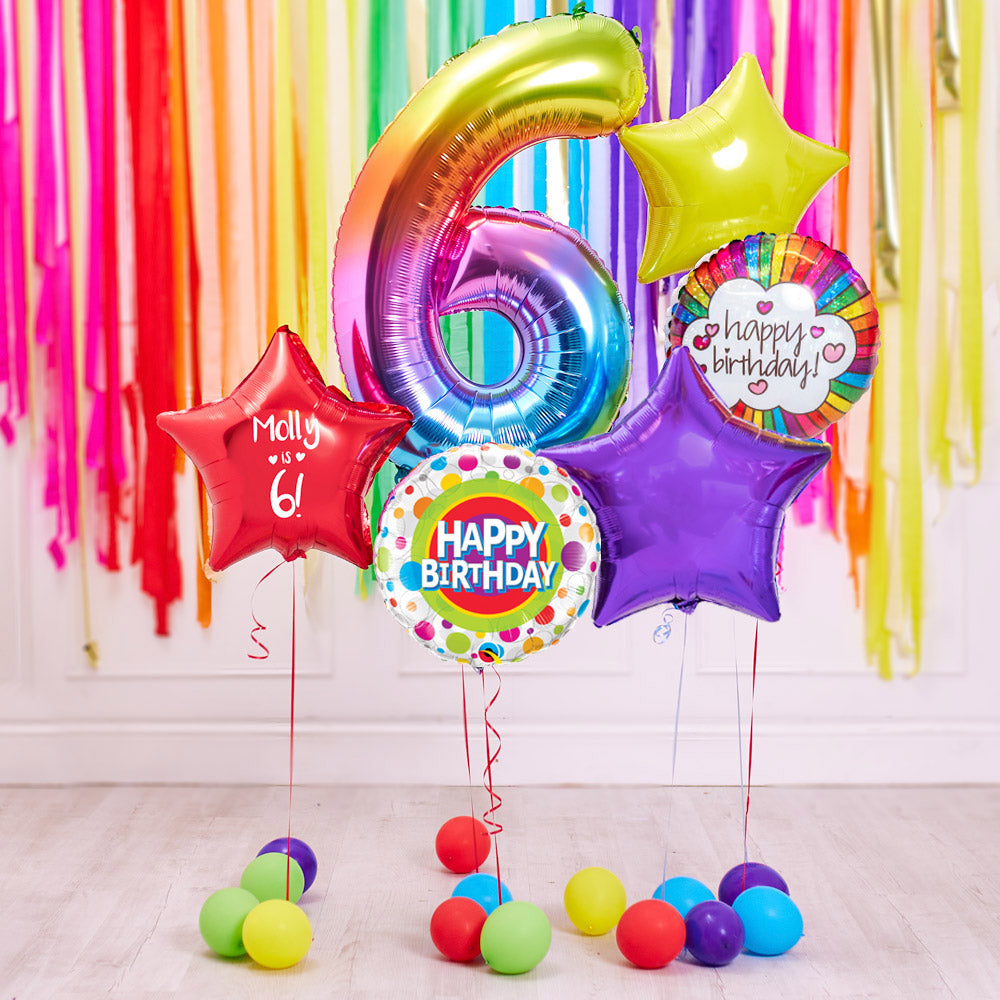 Click to view product details and reviews for Deluxe Personalised Balloon Bunch 6th Birthday Rainbow.