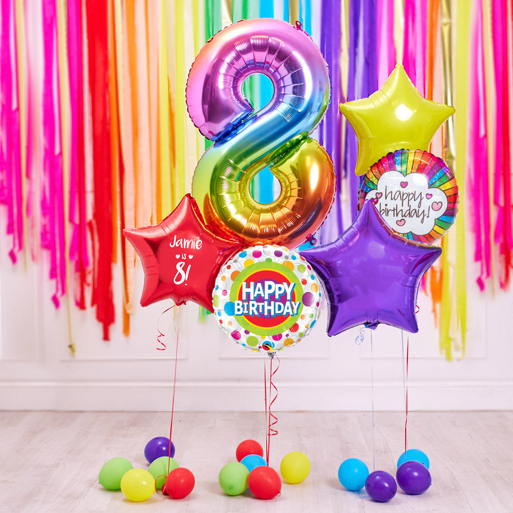 Click to view product details and reviews for Deluxe Personalised Balloon Bunch 8th Birthday Rainbow.