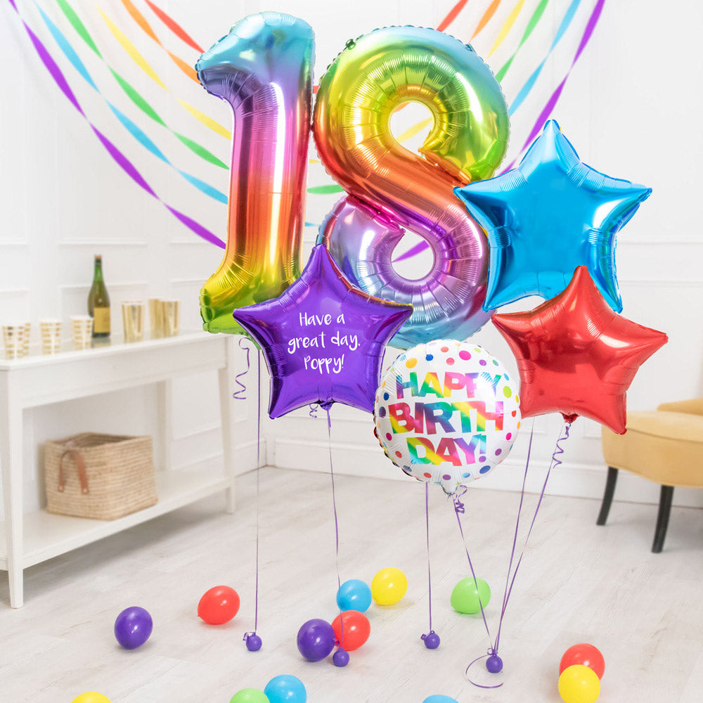 Deluxe Personalised Balloon Bunch 18th Birthday Rainbow