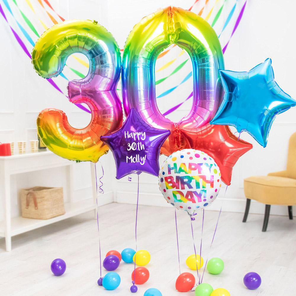 Deluxe Personalised Balloon Bunch 30th Birthday Rainbow