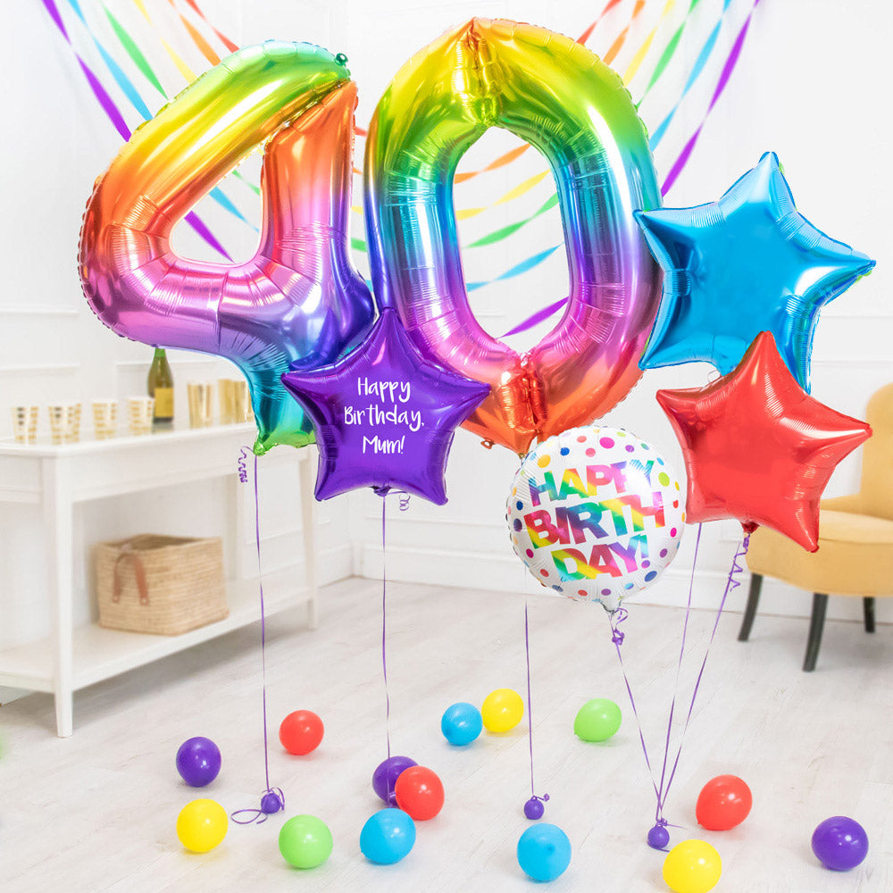 Deluxe Personalised Balloon Bunch 40th Birthday Rainbow