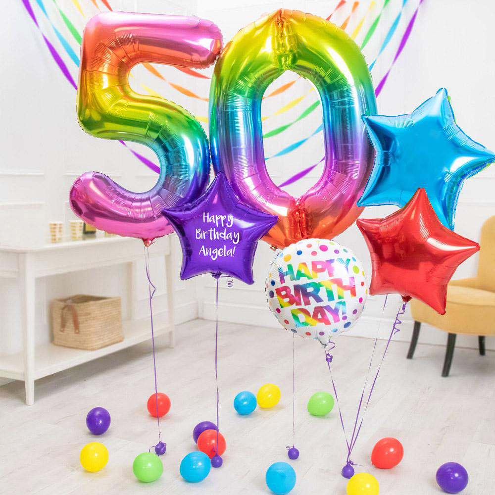 Deluxe Personalised Balloon Bunch 50th Birthday Rainbow