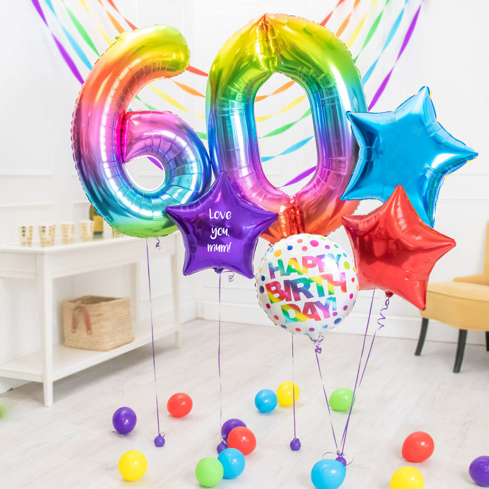 Click to view product details and reviews for Deluxe Personalised Balloon Bunch 60th Birthday Rainbow.