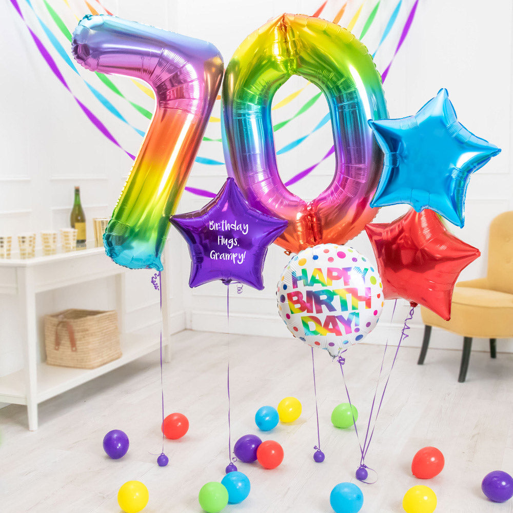 Click to view product details and reviews for Deluxe Personalised Balloon Bunch 70th Birthday Rainbow.