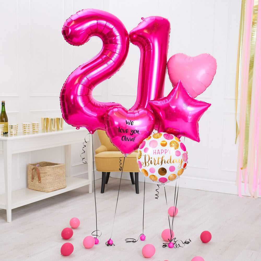 Deluxe Personalised Balloon Bunch 21st Birthday Pink