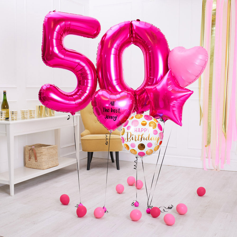 Deluxe Personalised Balloon Bunch 50th Birthday Pink