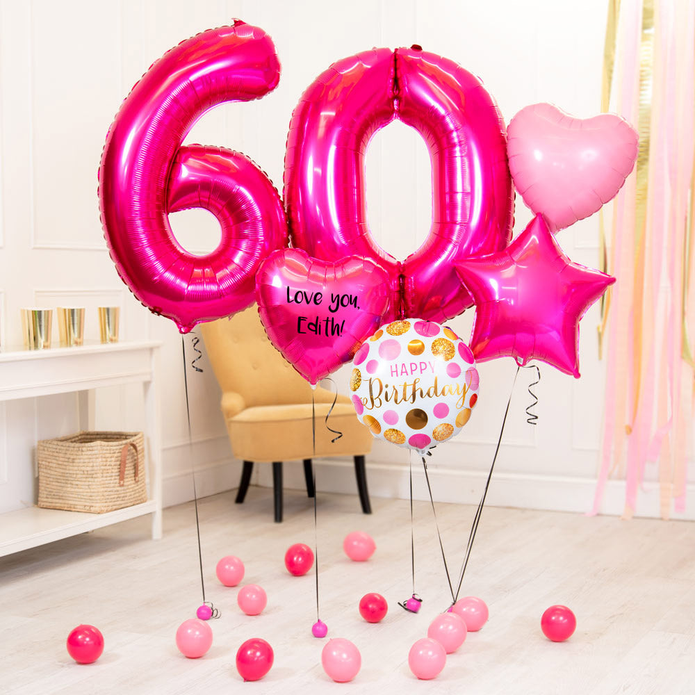 Click to view product details and reviews for Deluxe Personalised Balloon Bunch 60th Birthday Pink.