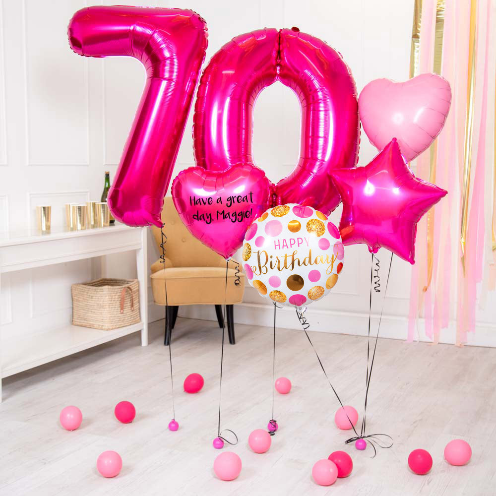 Click to view product details and reviews for Deluxe Personalised Balloon Bunch 70th Birthday Pink.