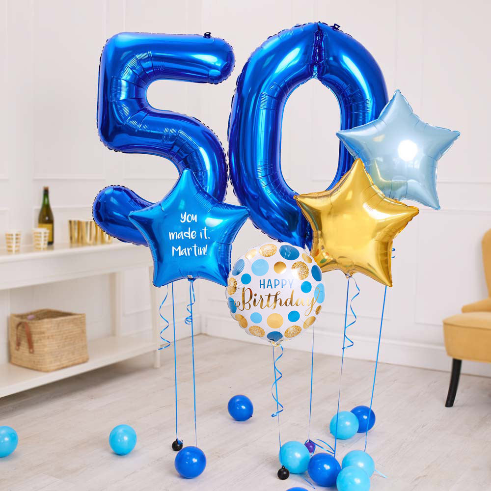 Click to view product details and reviews for Deluxe Personalised Balloon Bunch 50th Birthday Blue.