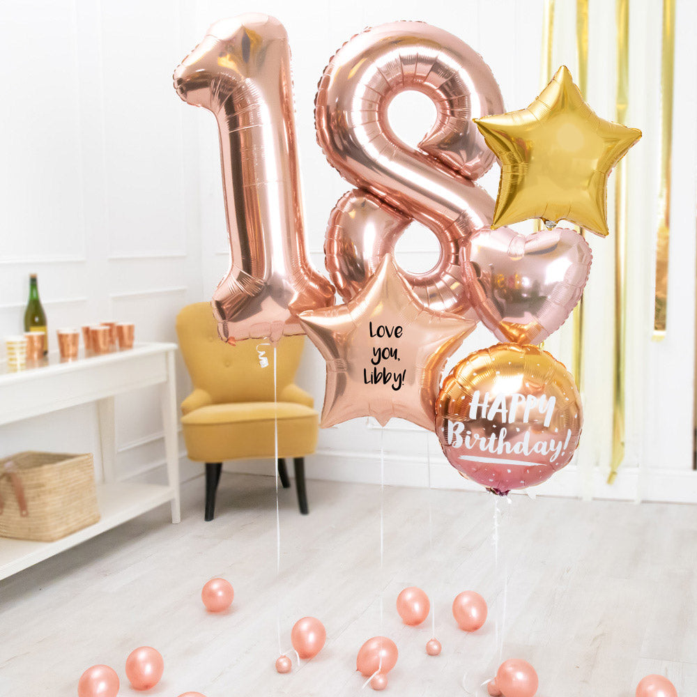 Click to view product details and reviews for Deluxe Personalised Balloon Bunch 18th Birthday Rose Gold.