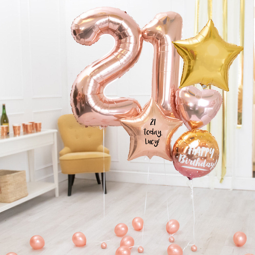 Deluxe Personalised Balloon Bunch 21st Birthday Rose Gold