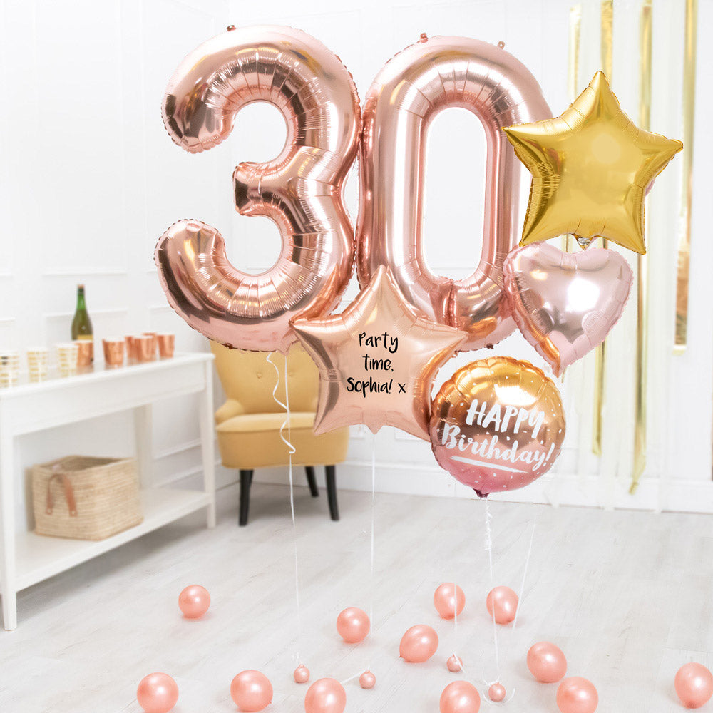 Deluxe Personalised Balloon Bunch 30th Birthday Rose Gold