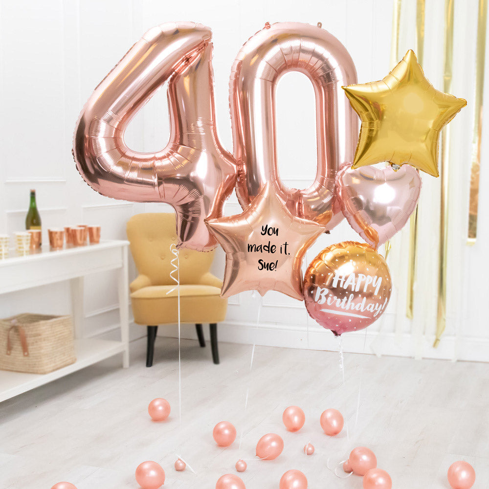 Deluxe Personalised Balloon Bunch 40th Birthday Rose Gold