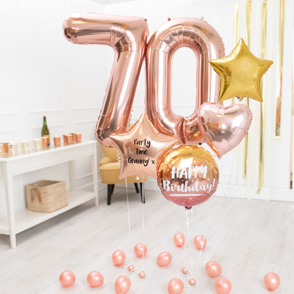 Click to view product details and reviews for Deluxe Personalised Balloon Bunch 70th Birthday Rose Gold.