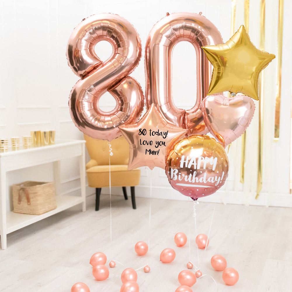 Click to view product details and reviews for Deluxe Personalised Balloon Bunch 80th Birthday Rose Gold.