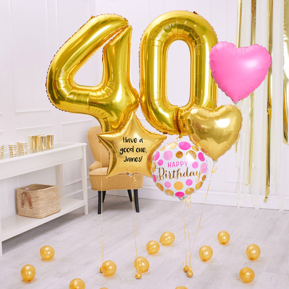 Deluxe Personalised Balloon Bunch 40th Birthday Gold Pink