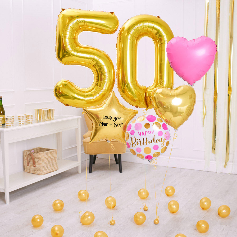 Deluxe Personalised Balloon Bunch 50th Birthday Gold Pink