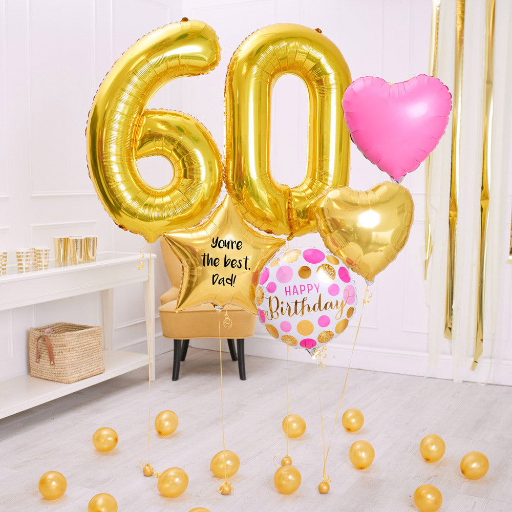 Deluxe Personalised Balloon Bunch 60th Birthday Gold Pink