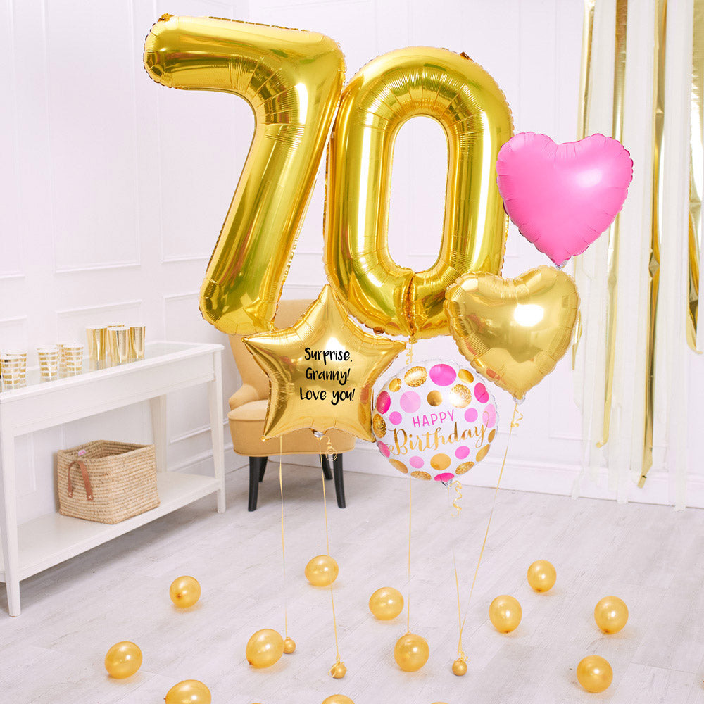 Click to view product details and reviews for Deluxe Personalised Balloon Bunch 70th Birthday Gold Pink.