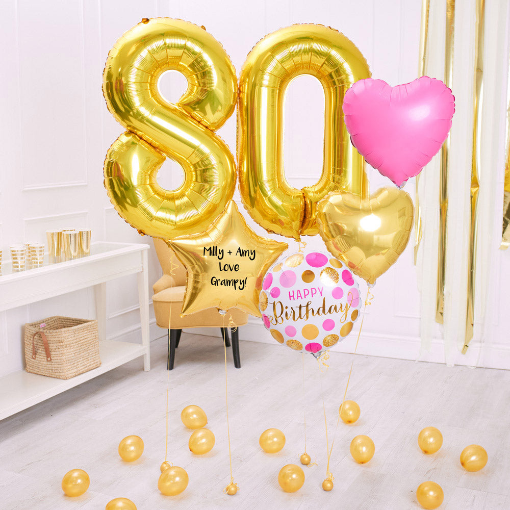 Click to view product details and reviews for Deluxe Personalised Balloon Bunch 80th Birthday Gold Pink.