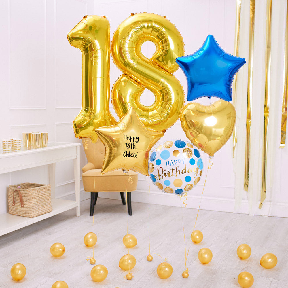 Deluxe Personalised Balloon Bunch 18th Birthday Gold Blue