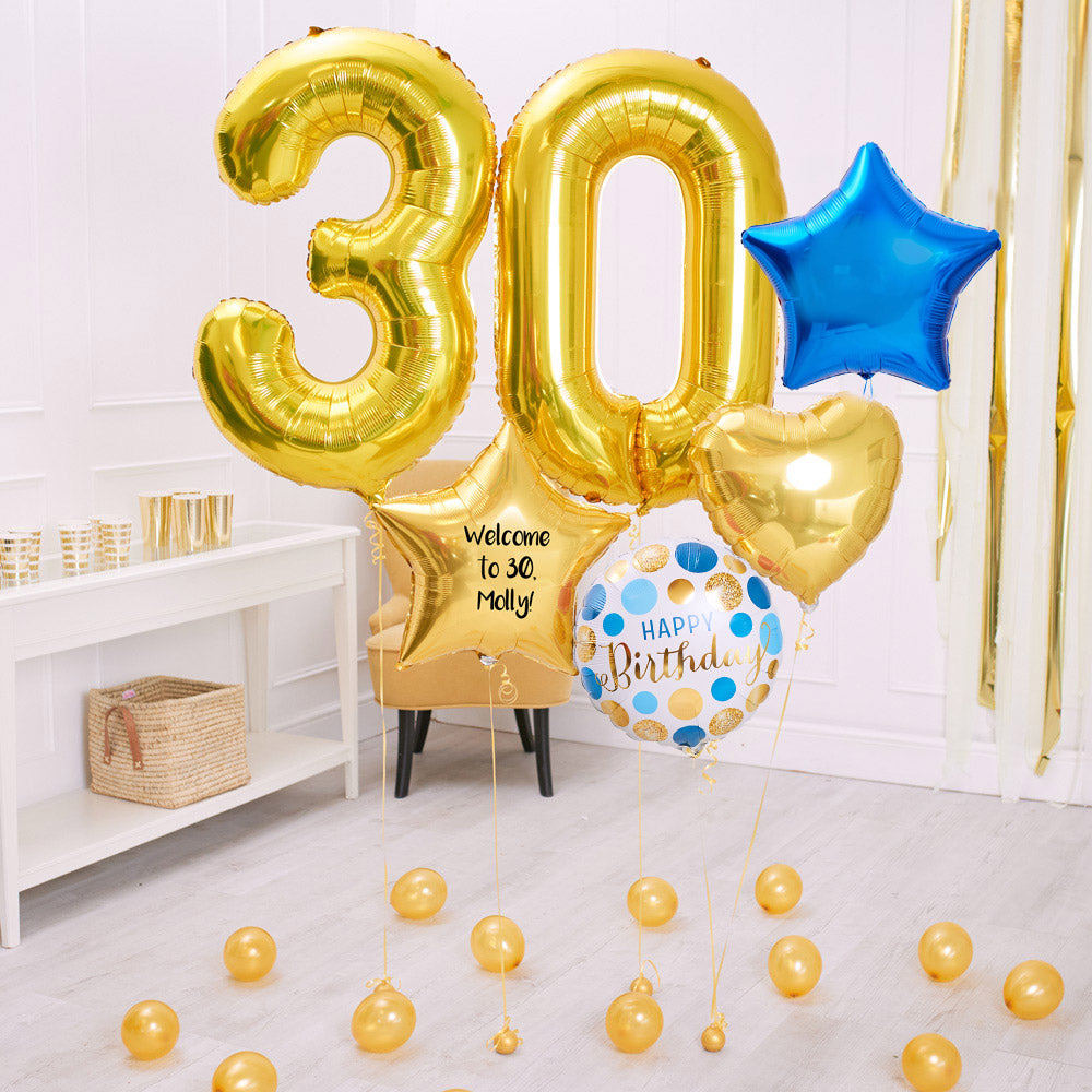 Deluxe Personalised Balloon Bunch 30th Birthday Gold Blue