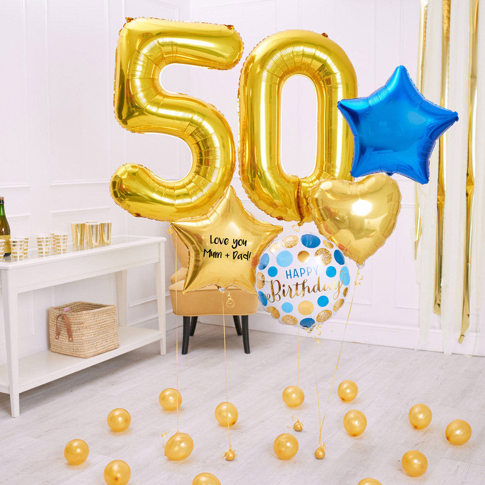 Deluxe Personalised Balloon Bunch 50th Birthday Gold Blue