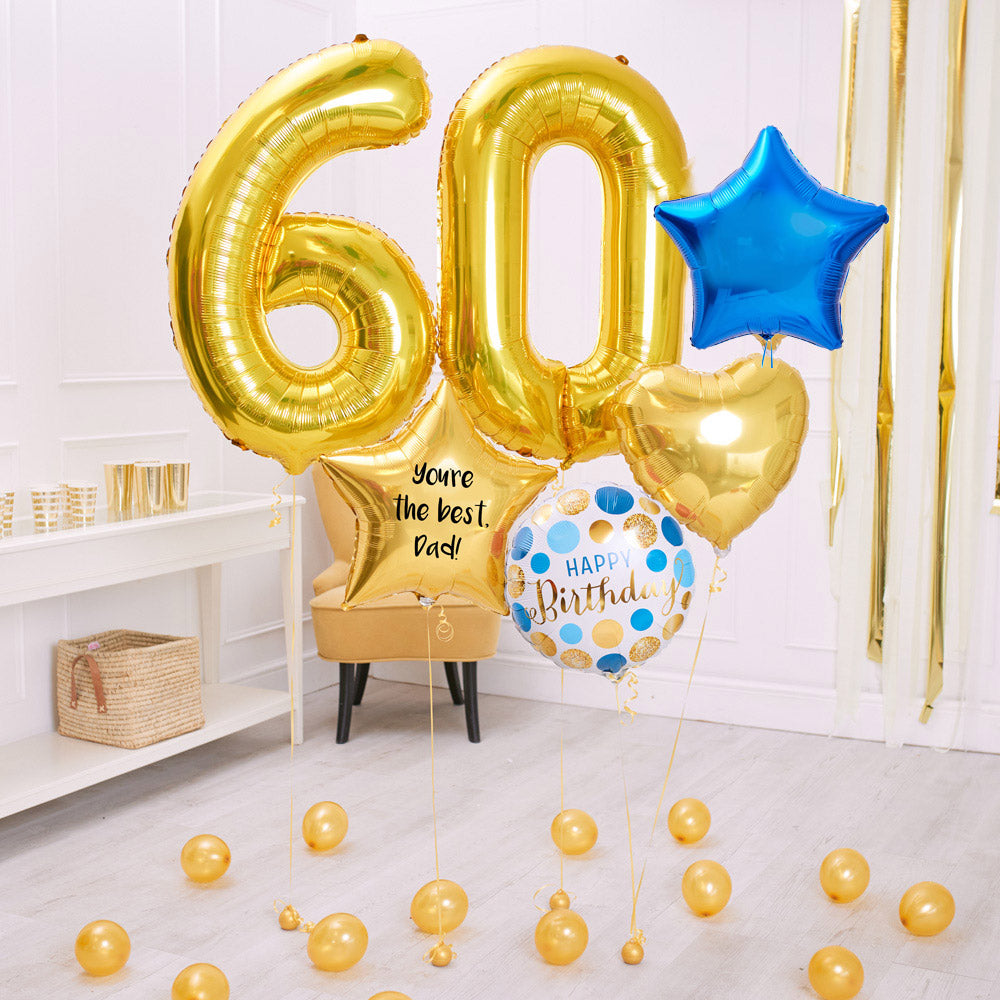Deluxe Personalised Balloon Bunch 60th Birthday Gold Blue
