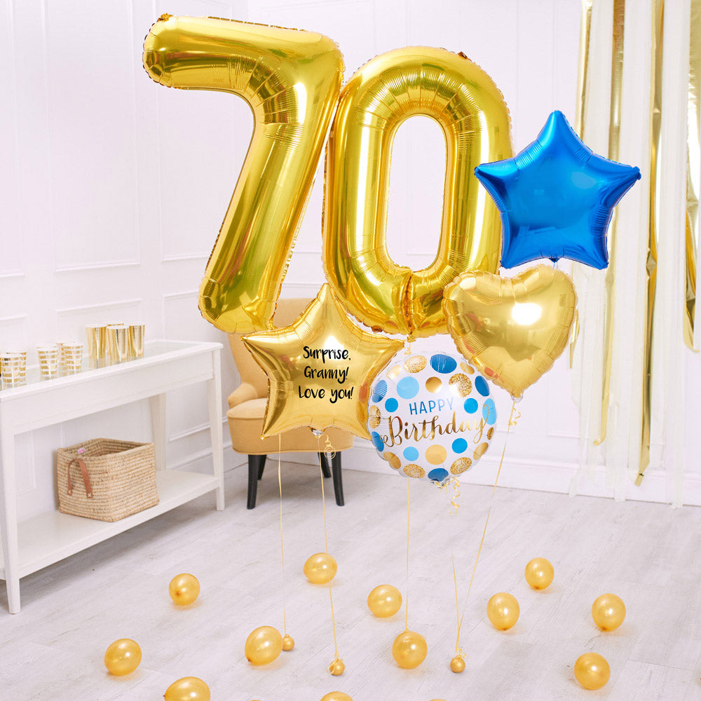 Click to view product details and reviews for Deluxe Personalised Balloon Bunch 70th Birthday Gold Blue.