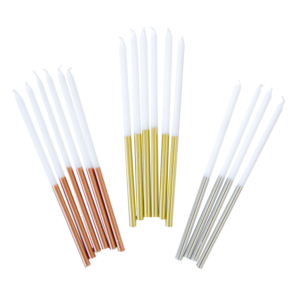 Click to view product details and reviews for Assorted Metallics Dipped Metallic Tall Candles X16.