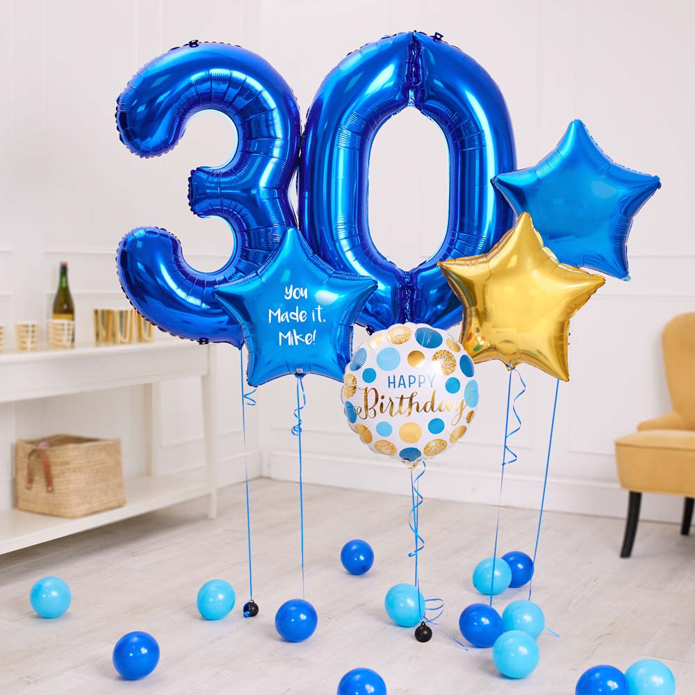 Deluxe Personalised Balloon Bunch 30th Birthday Blue