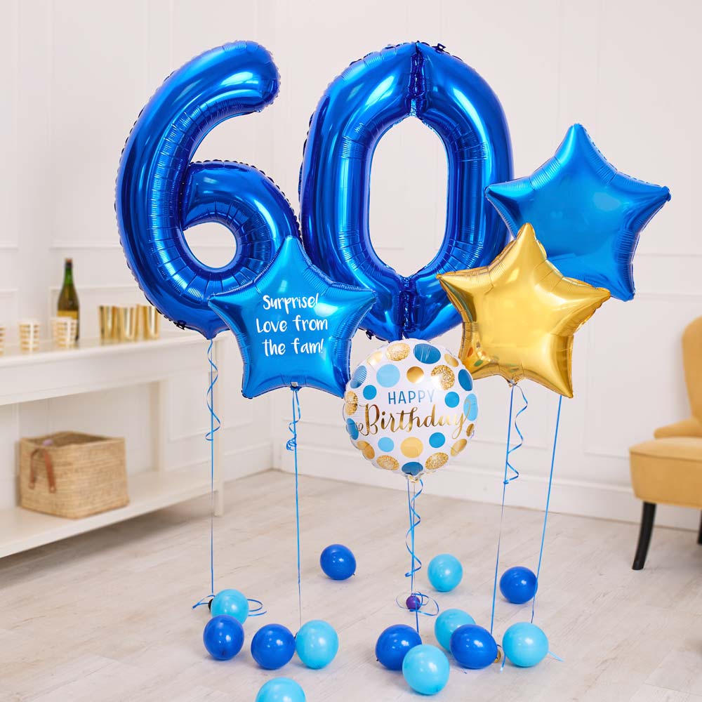 Deluxe Personalised Balloon Bunch 60th Birthday Blue