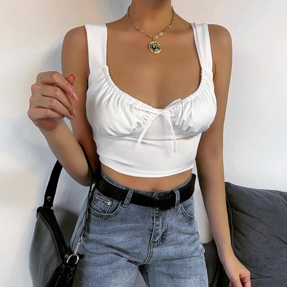 New Sexy Low Cut Bow White Crop Top 2020 Summer Women Sleeveless Skinny