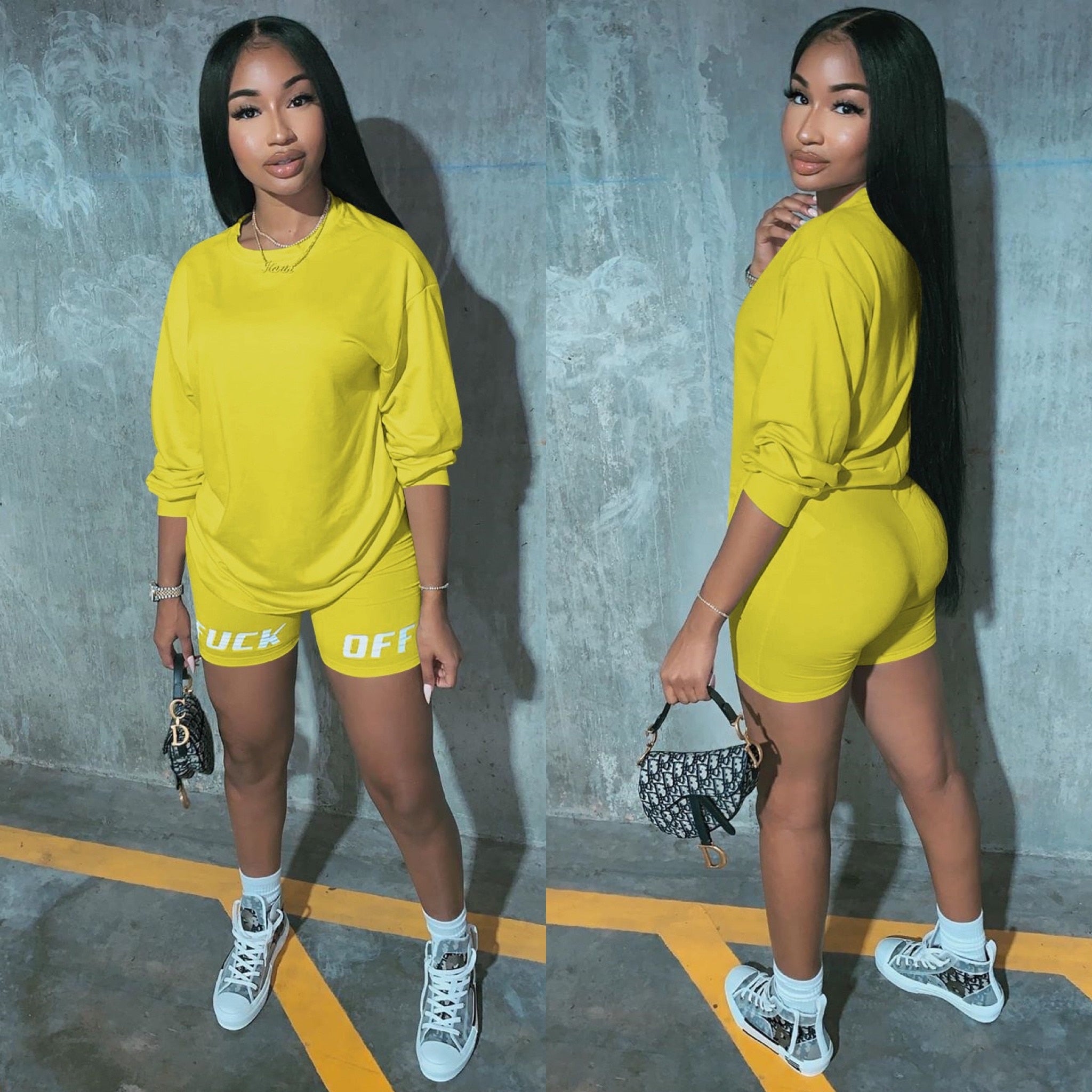 yellow biker shorts outfit