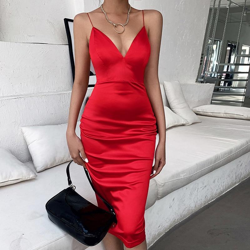 Satin Red Dress 2020 Sexy Deep V Neck Satin Midi Dress Women Summer