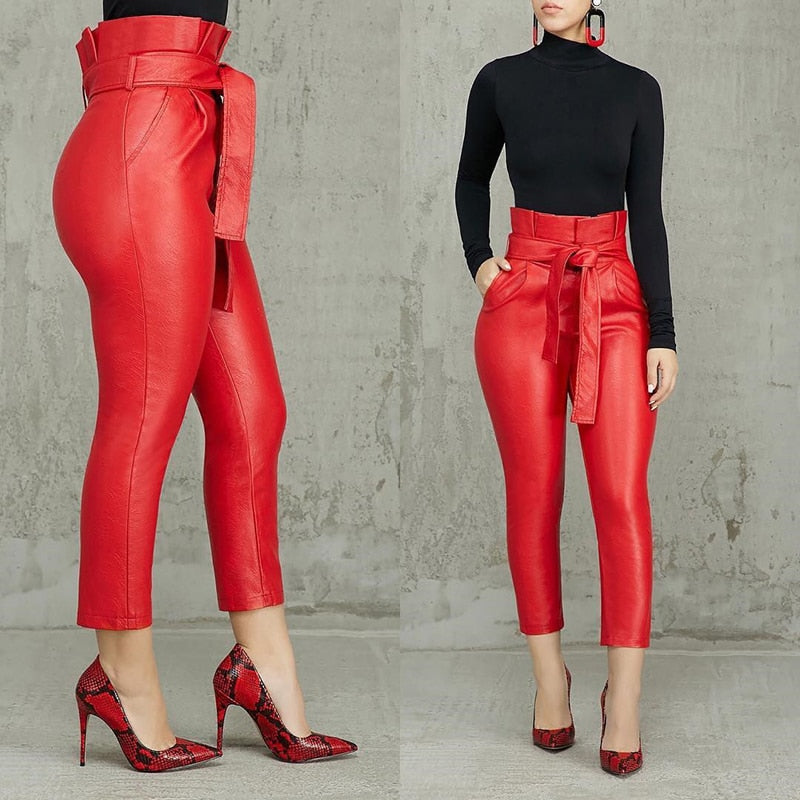 red lace up leather pants